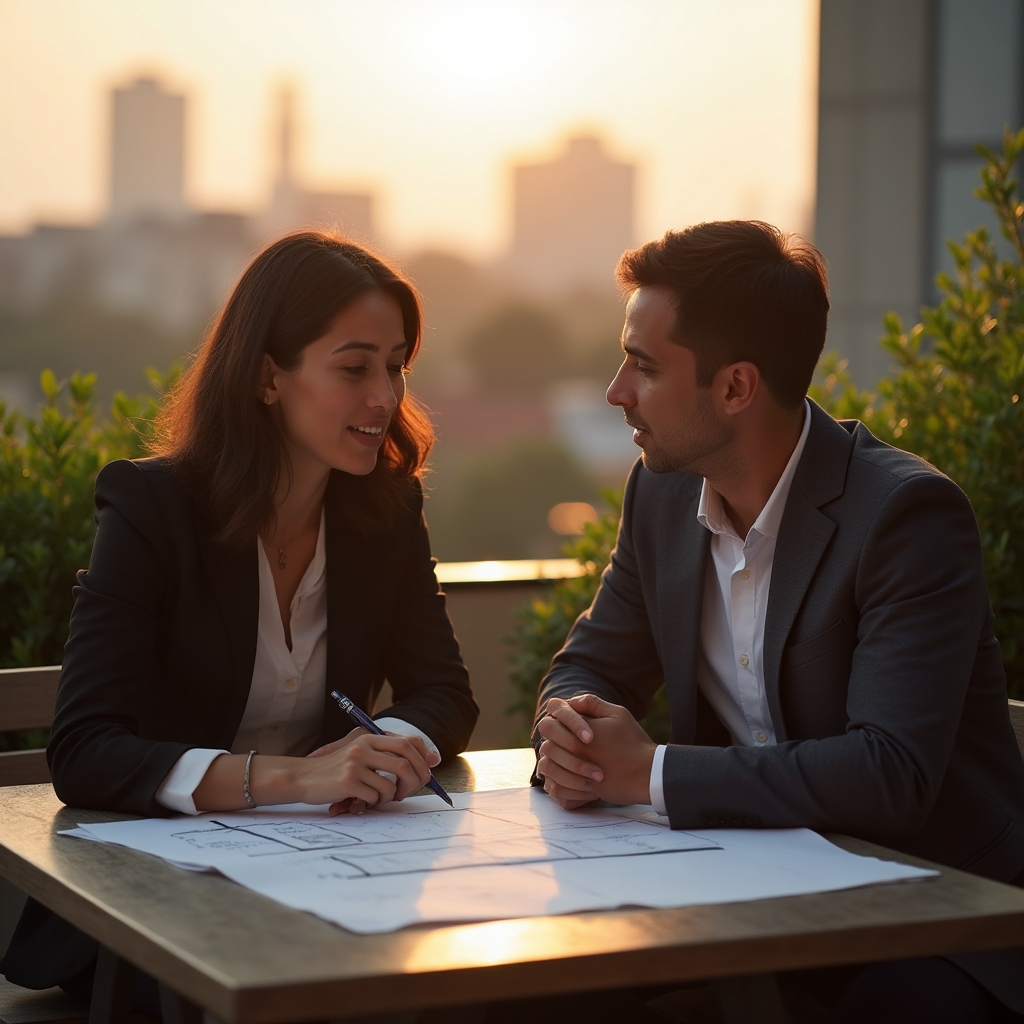 Conversación entre dos personas en una terraza revisando notas sobre rutinas domésticas