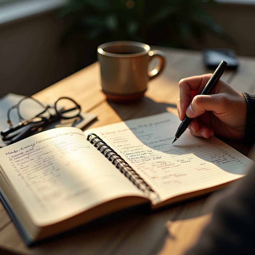 Cuaderno con registro manual de gastos domésticos junto a una taza sobre una mesa de madera
