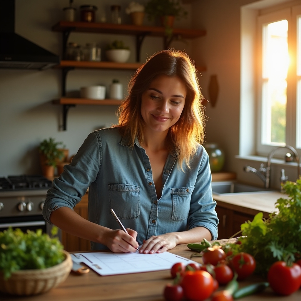 Persona planificando el menú semanal en una mesa de cocina con ingredientes cerca