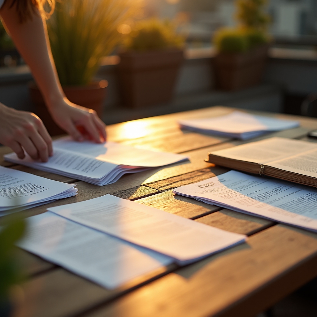 Guías impresas y cuadernos de trabajo del curso extendidos sobre una mesa exterior