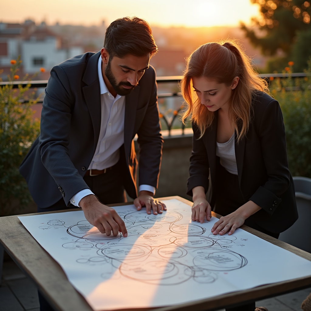 Dos personas revisando en una mesa exterior un esquema que conecta energía, alimentación, tiempo y dinero