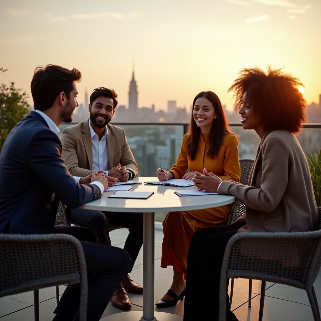 Grupo reducido de personas conversando alrededor de una mesa exterior durante una sesión de aprendizaje